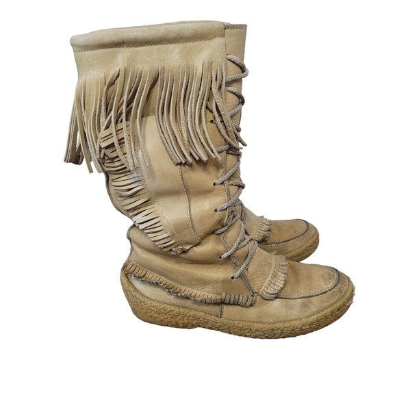 Vintage Cherokee beige gum sole mocassins winter leather boots with fringe Sz 8 - Picture 7 of 14
